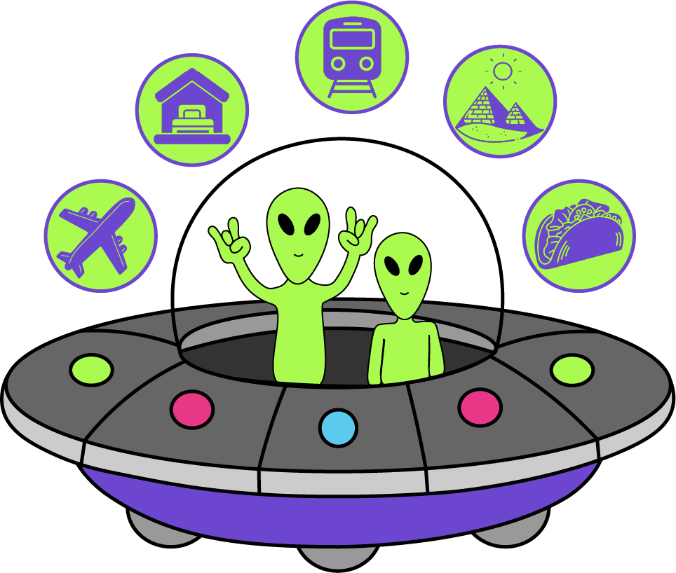 Image of Hyperfocus Adventures aliens in their UFO, showcasing the custom itinerary planning services: Flights, Accommodations, Transportation, Attractions, Sightseeing, Excursions, and Food.