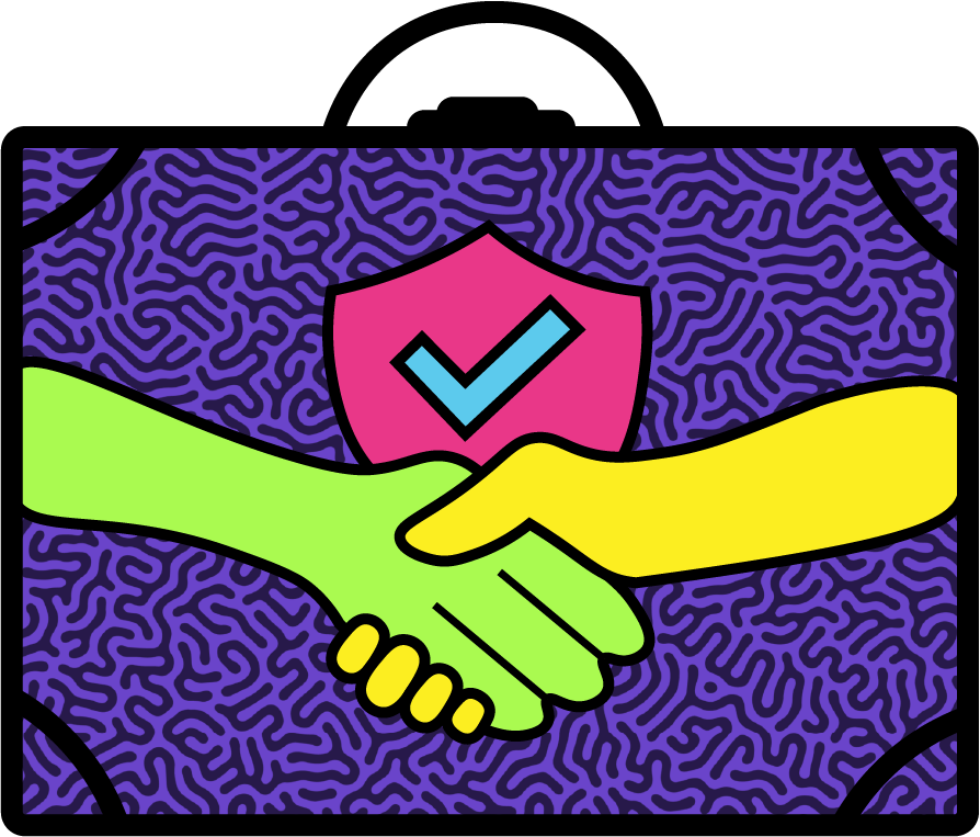 Travel luggage showing Hyperfocus Adventures alien and human shaking hands, with checkmark above.